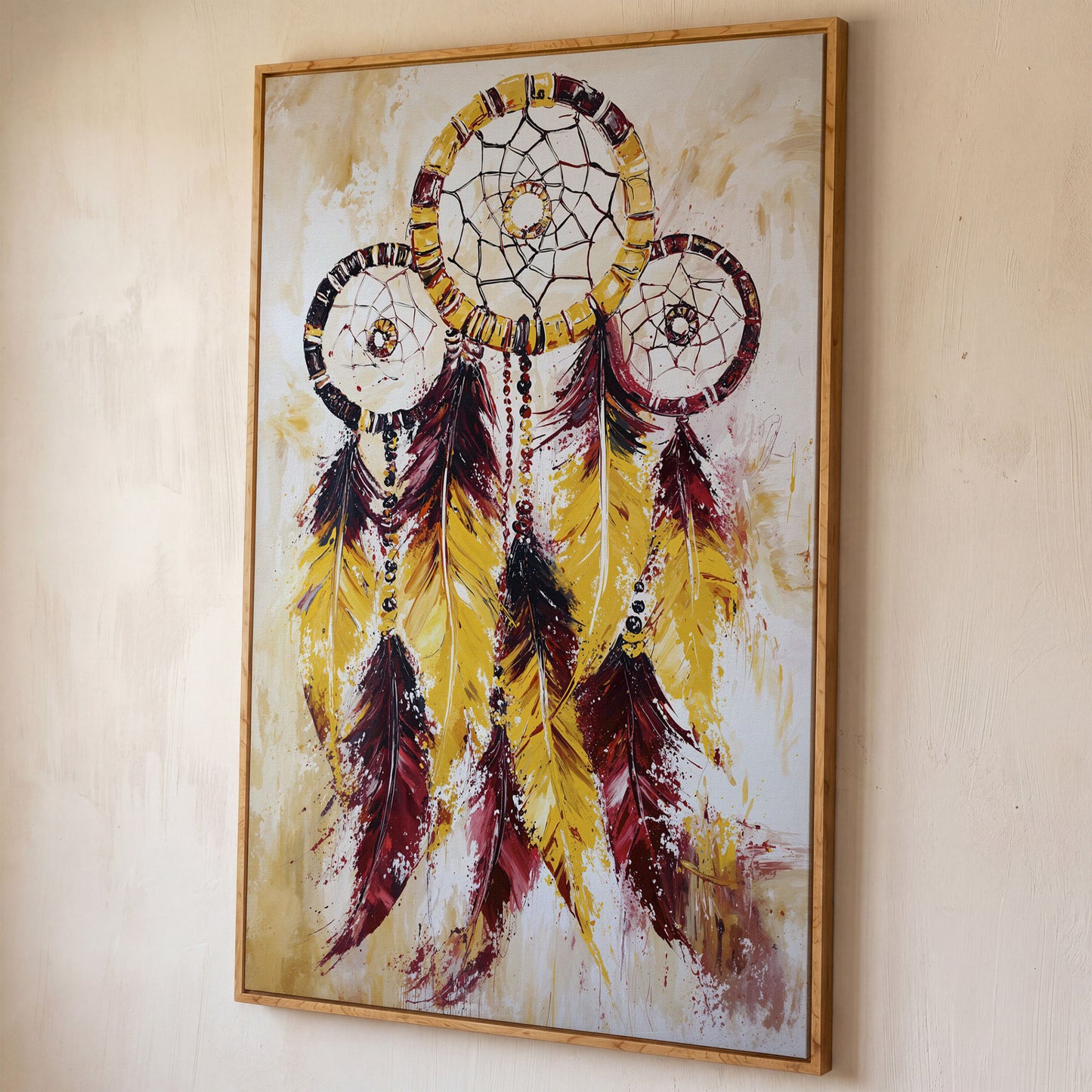 Dreamcatcher with Feathers and Beads Canvas Wall Art shown in white oak floating frame