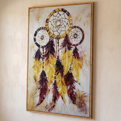 Dreamcatcher with Feathers and Beads Canvas Wall Art shown in white oak floating frame