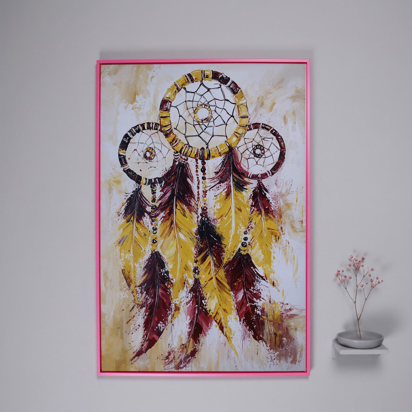 Dreamcatcher with Feathers and Beads Canvas Wall Art in pink floating frame