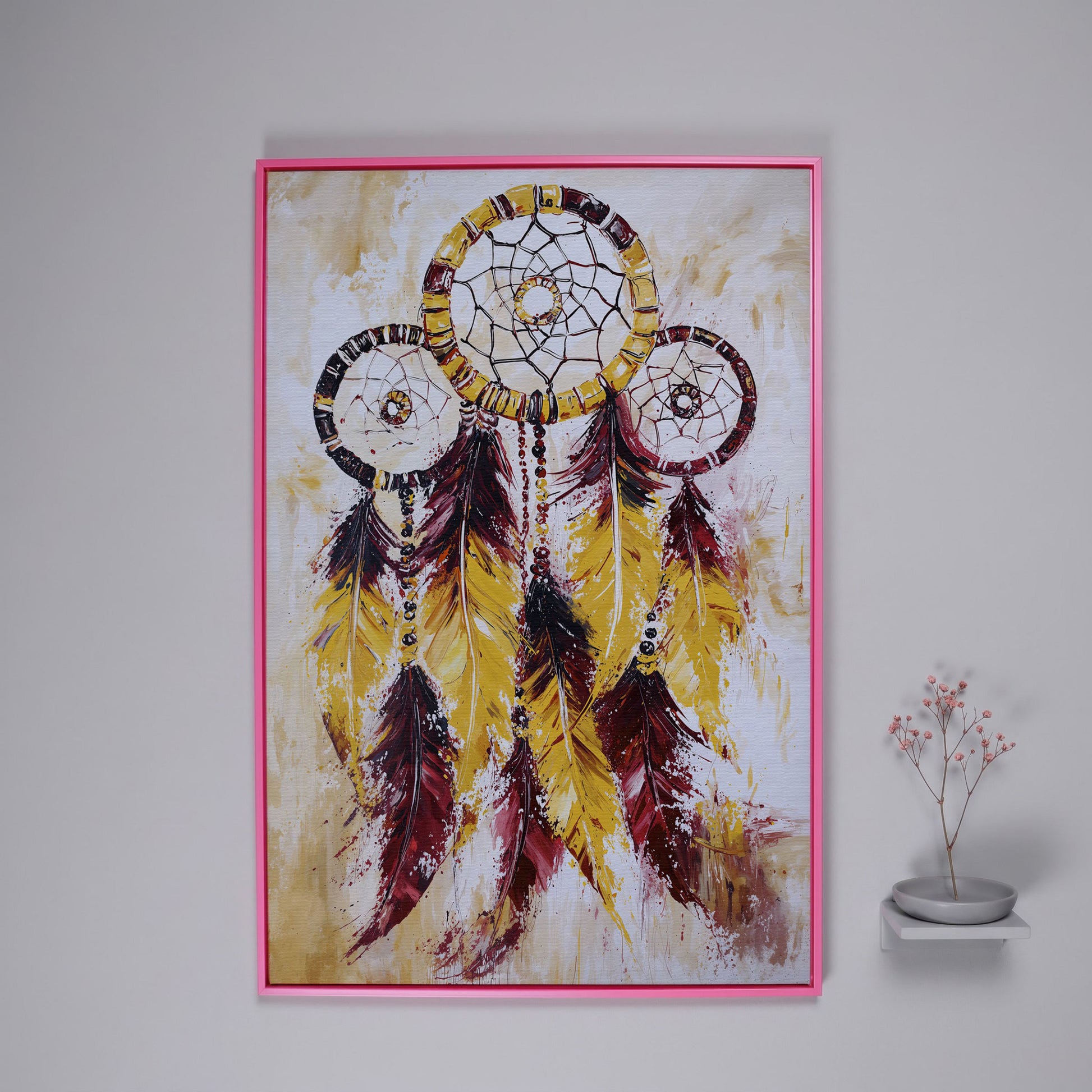 Dreamcatcher with Feathers and Beads Canvas Wall Art in pink floating frame