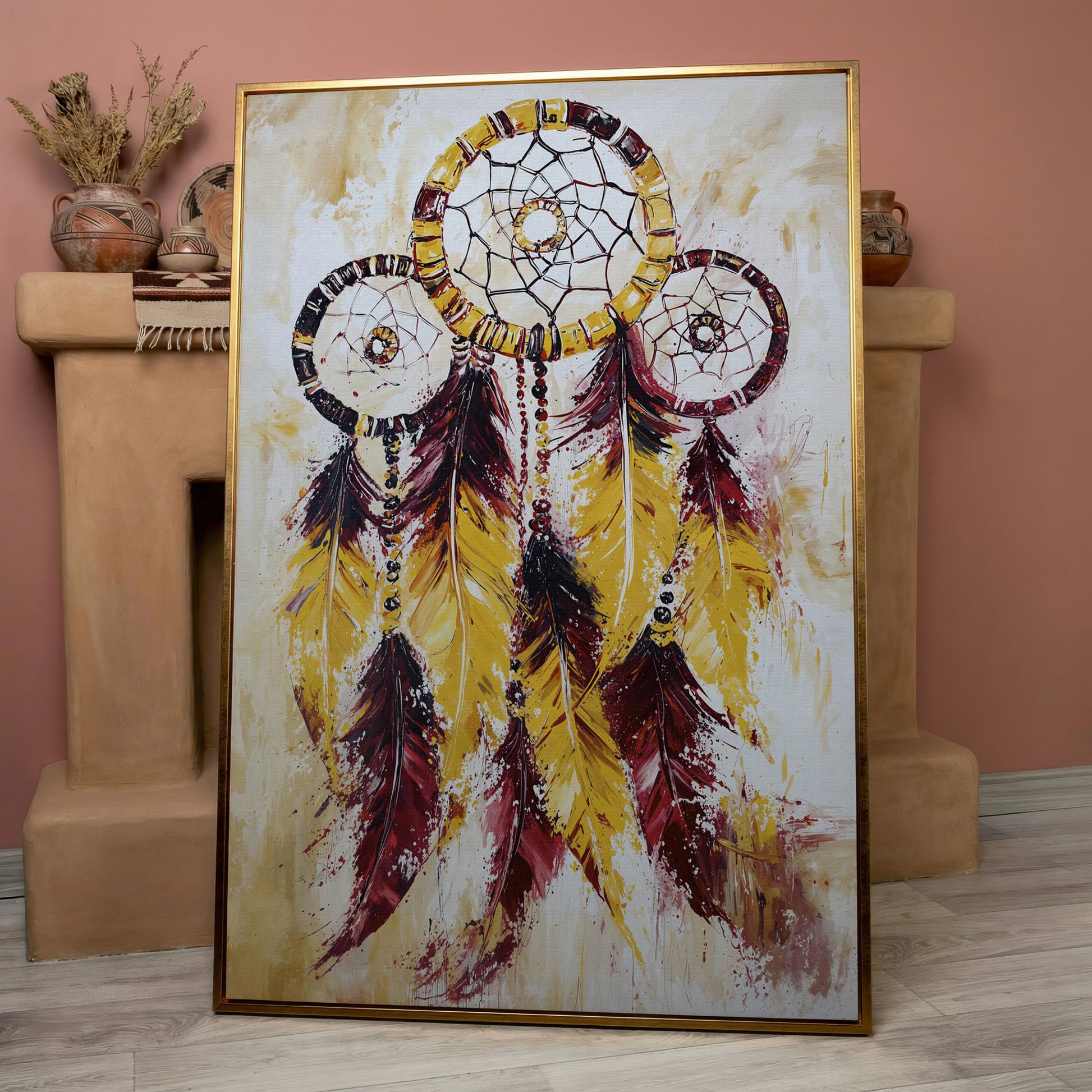 Dreamcatcher with Feathers and Beads Canvas Wall Art in rose gold floating frame
