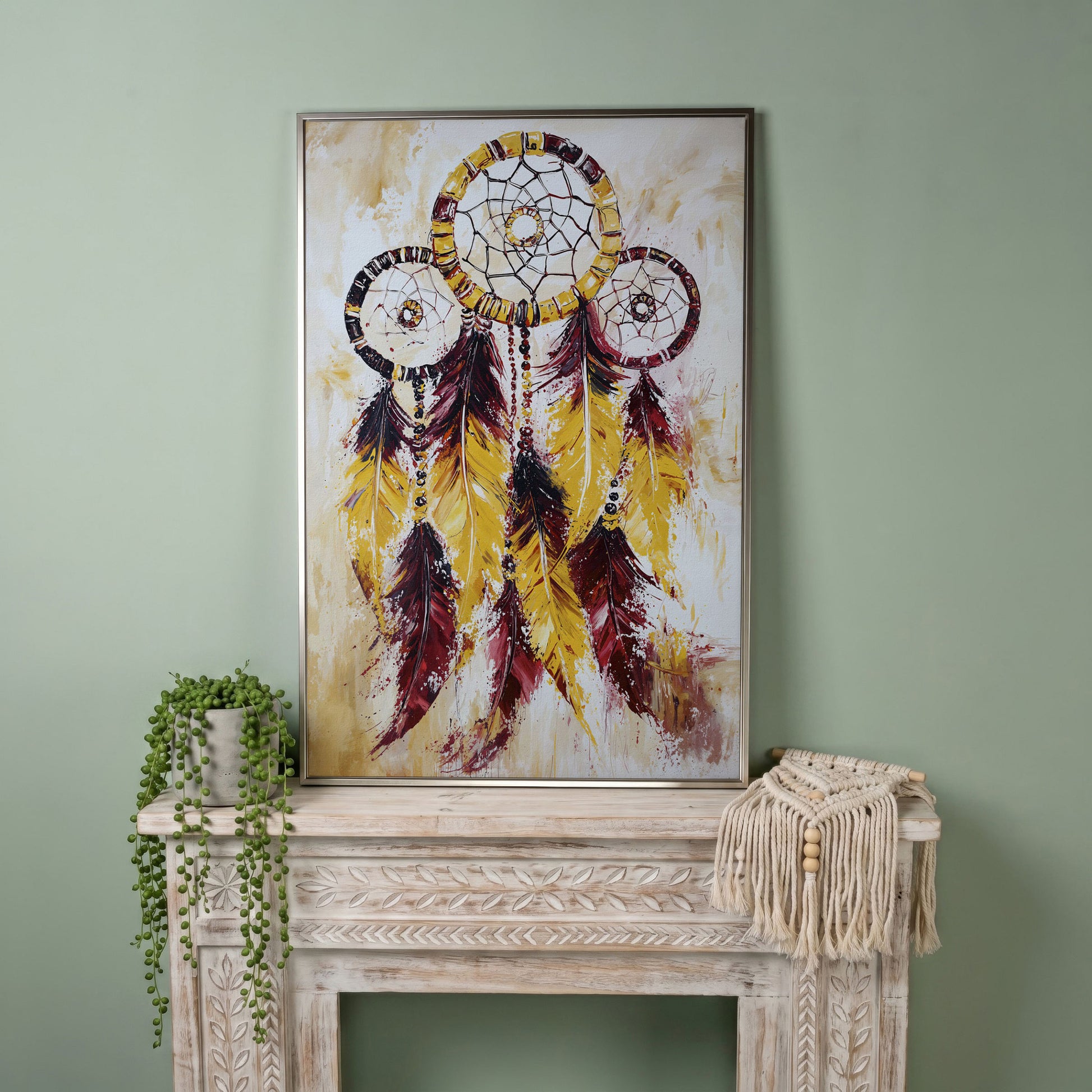 Dreamcatcher with Feathers and Beads Canvas Wall Art in silver floating frame