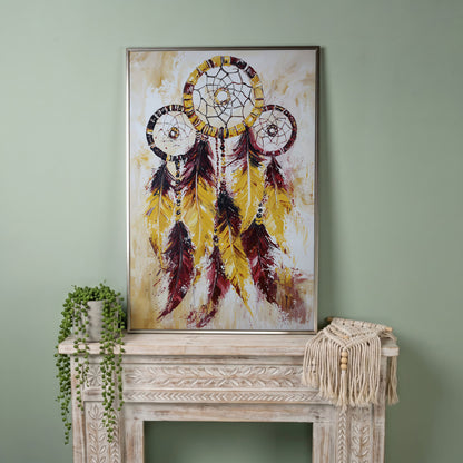 Dreamcatcher with Feathers and Beads Canvas Wall Art in silver floating frame