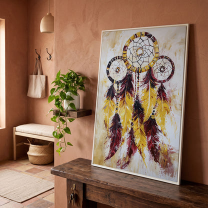 Dreamcatcher with Feathers and Beads Canvas Wall Art in white floating frame
