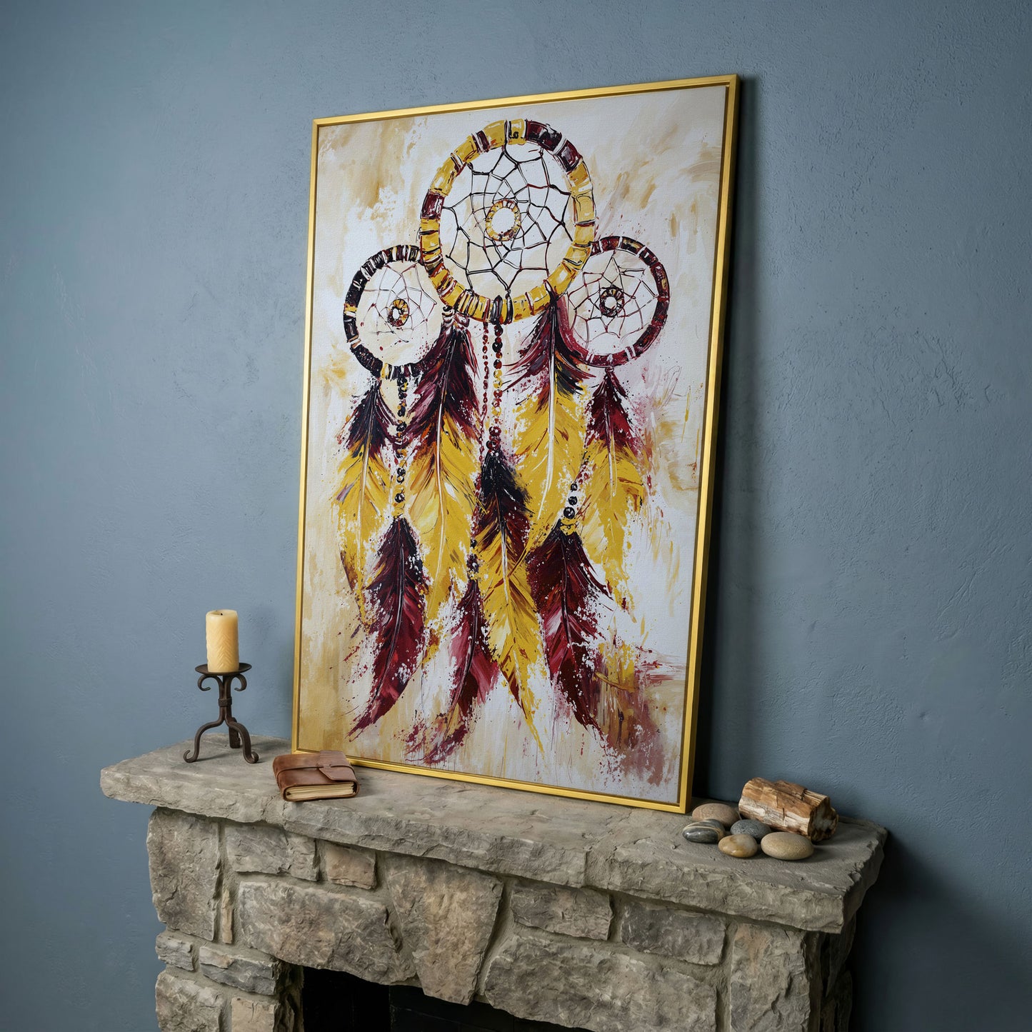 Dreamcatcher with Feathers and Beads Canvas Wall Art in yellow gold floating frame
