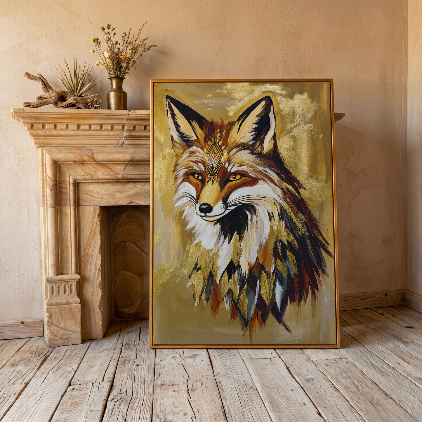 Decorative Fox Portrait Canvas Wall Art in antique gold floating frame