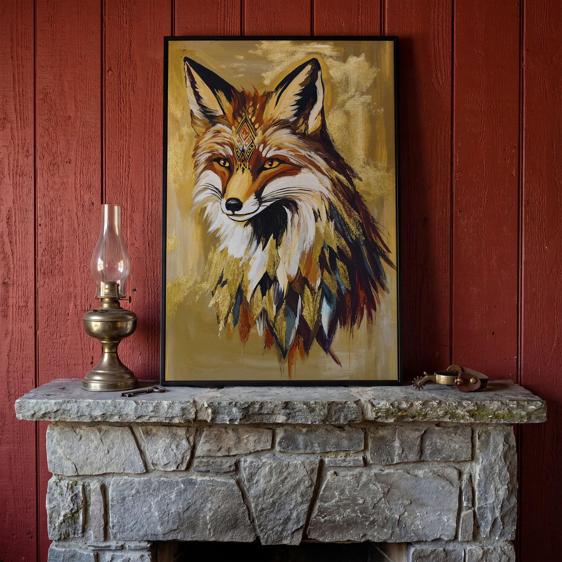 Decorative Fox Portrait Canvas Wall Art in black floating frame