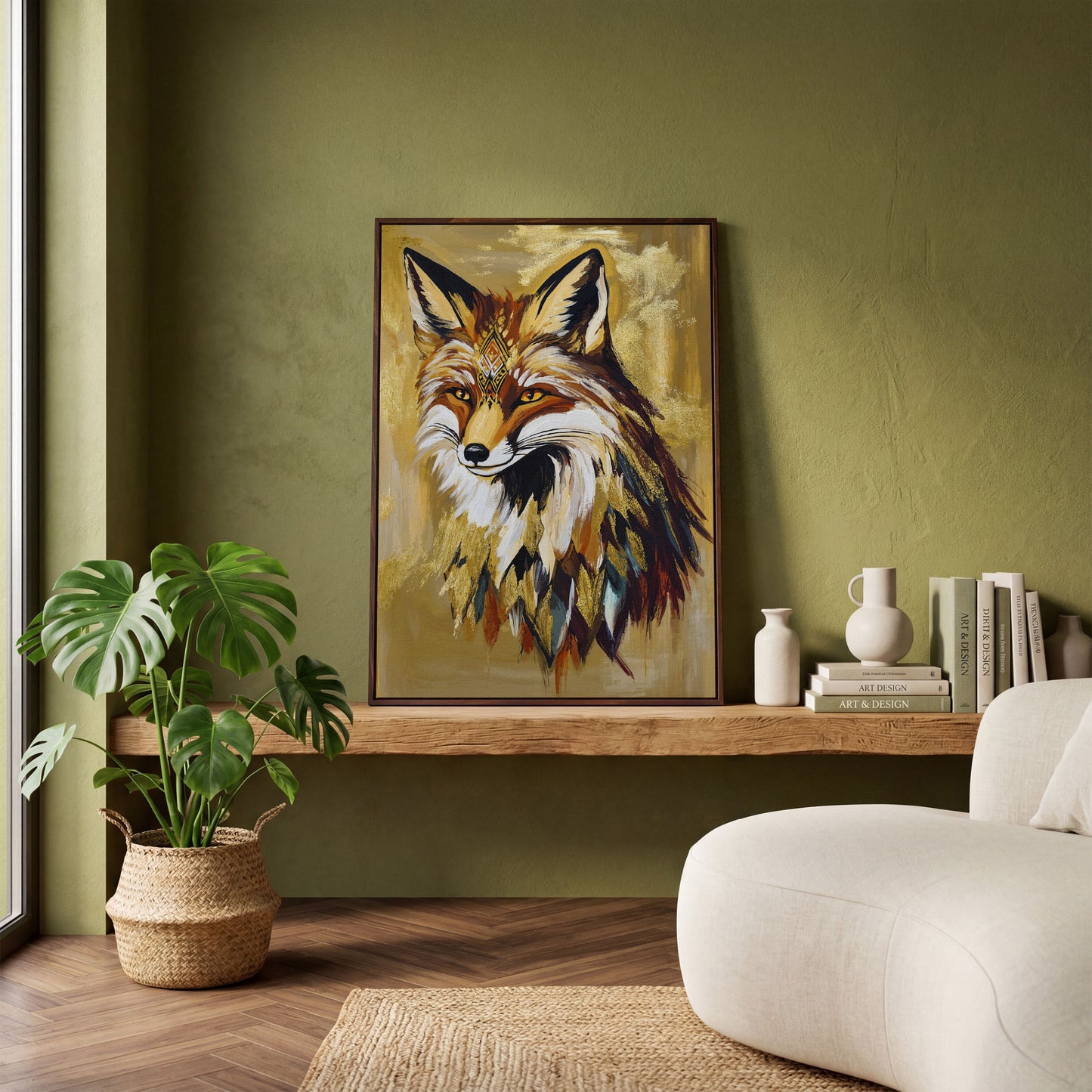 Decorative Fox Portrait Canvas Wall Art in dark walnut floating frame