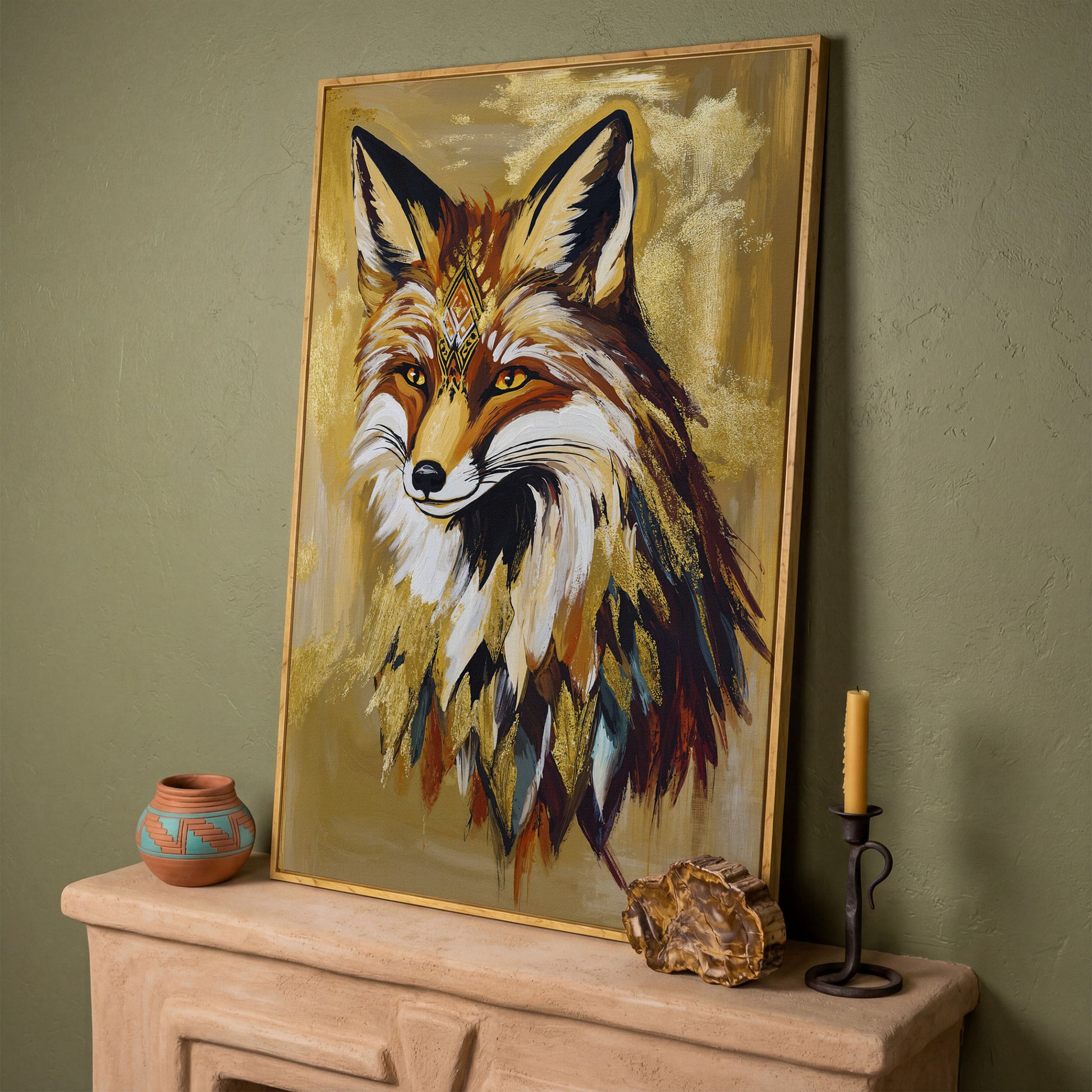 Decorative Fox Portrait Canvas Wall Art in white oak floating frame