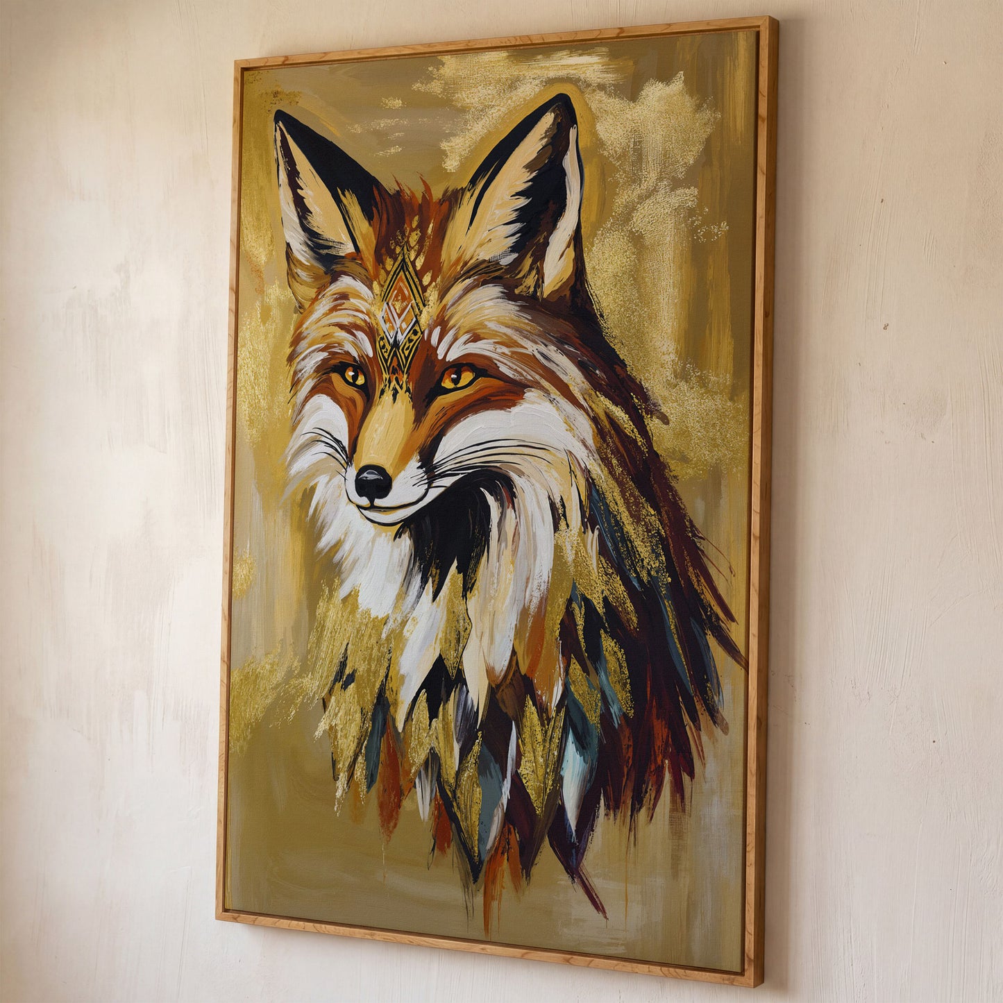 Decorative Fox Portrait Canvas Wall Art shown in white oak floating frame