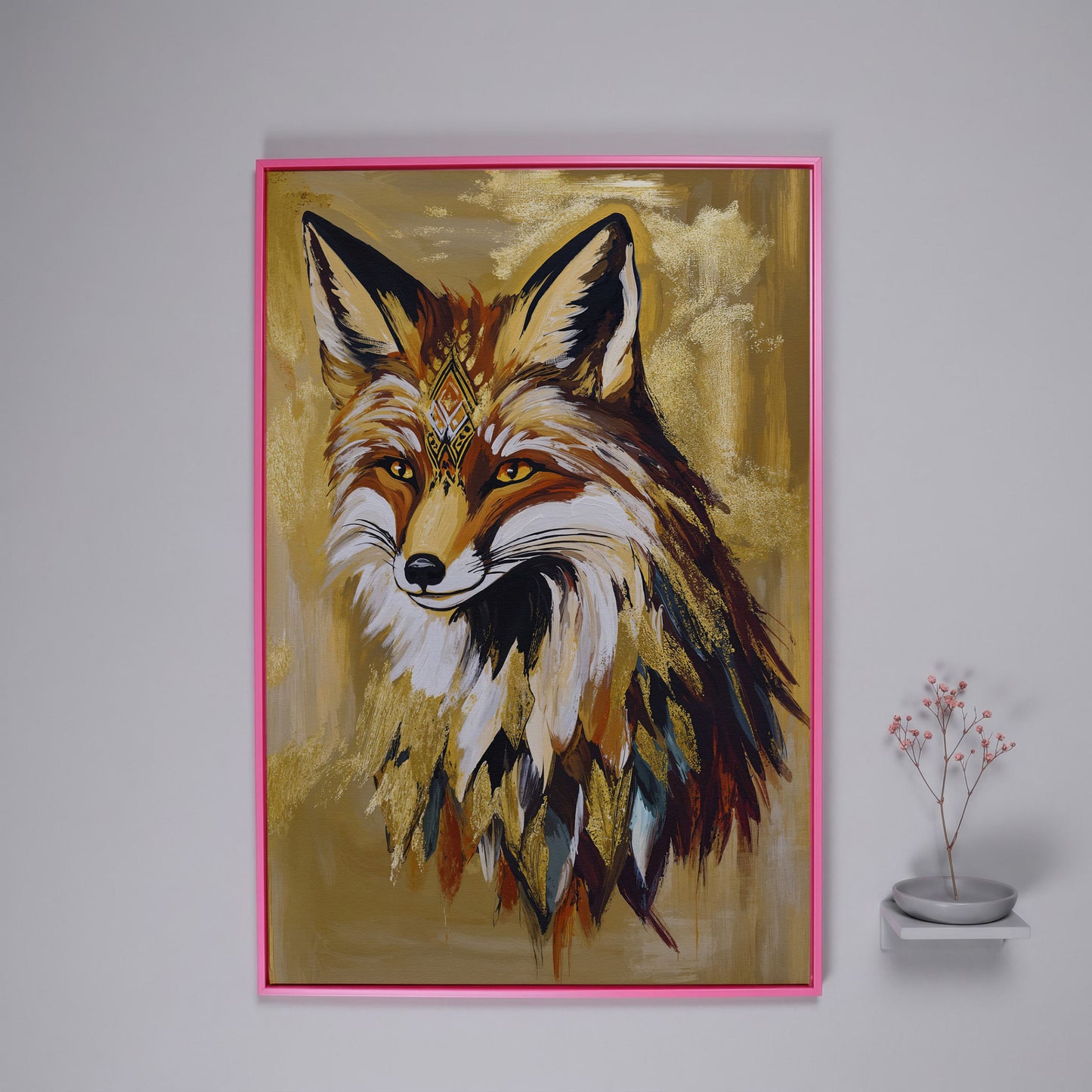 Decorative Fox Portrait Canvas Wall Art in pink floating frame
