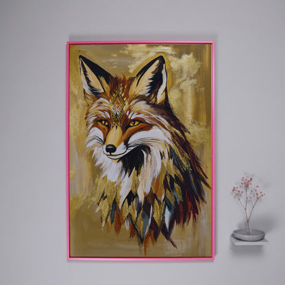 Decorative Fox Portrait Canvas Wall Art in pink floating frame