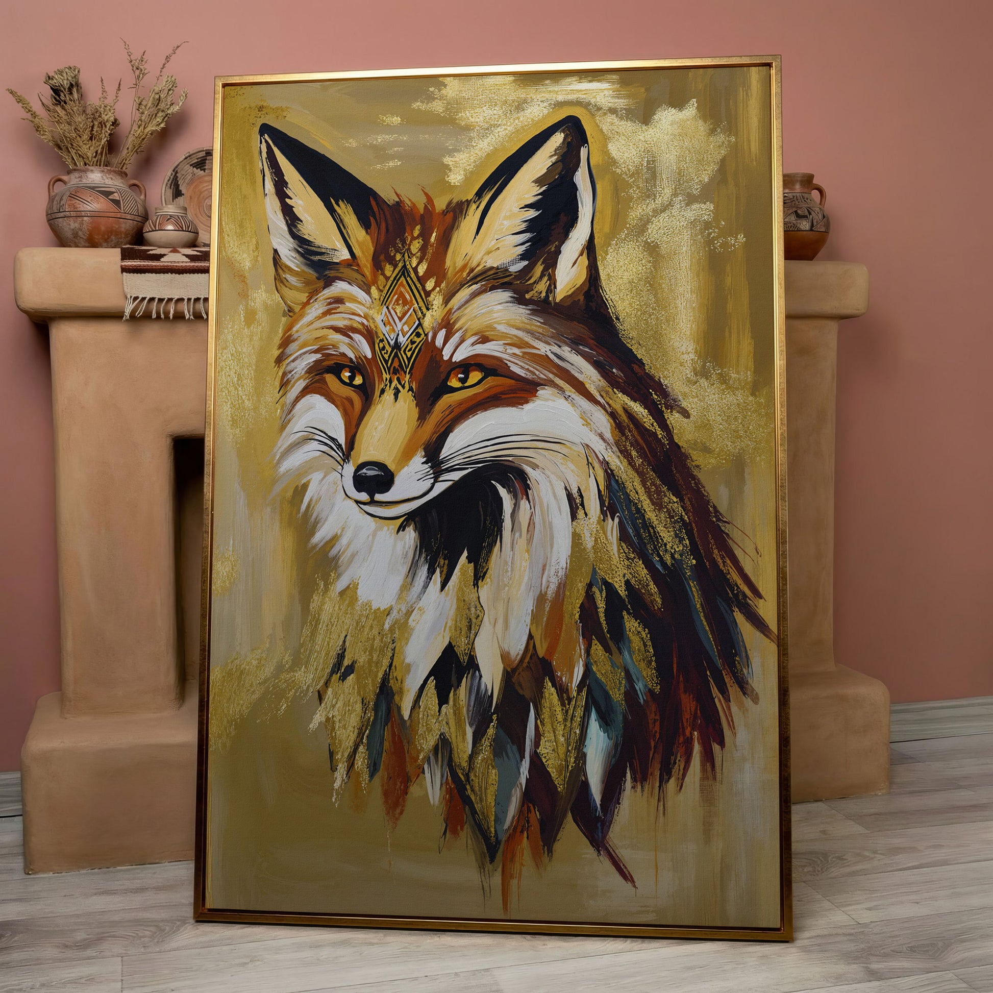 Decorative Fox Portrait Canvas Wall Art in rose gold floating frame