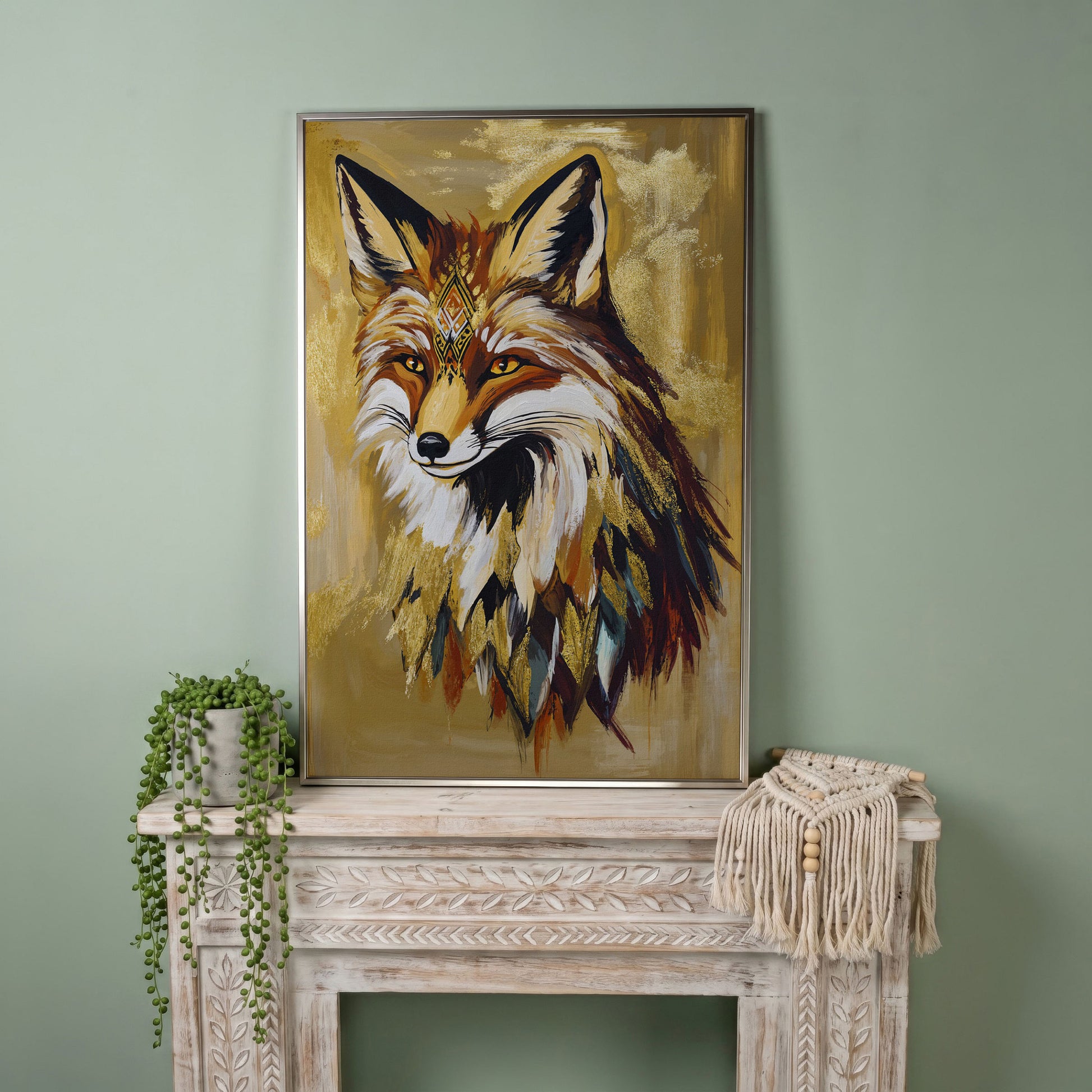 Decorative Fox Portrait Canvas Wall Art in silver floating frame