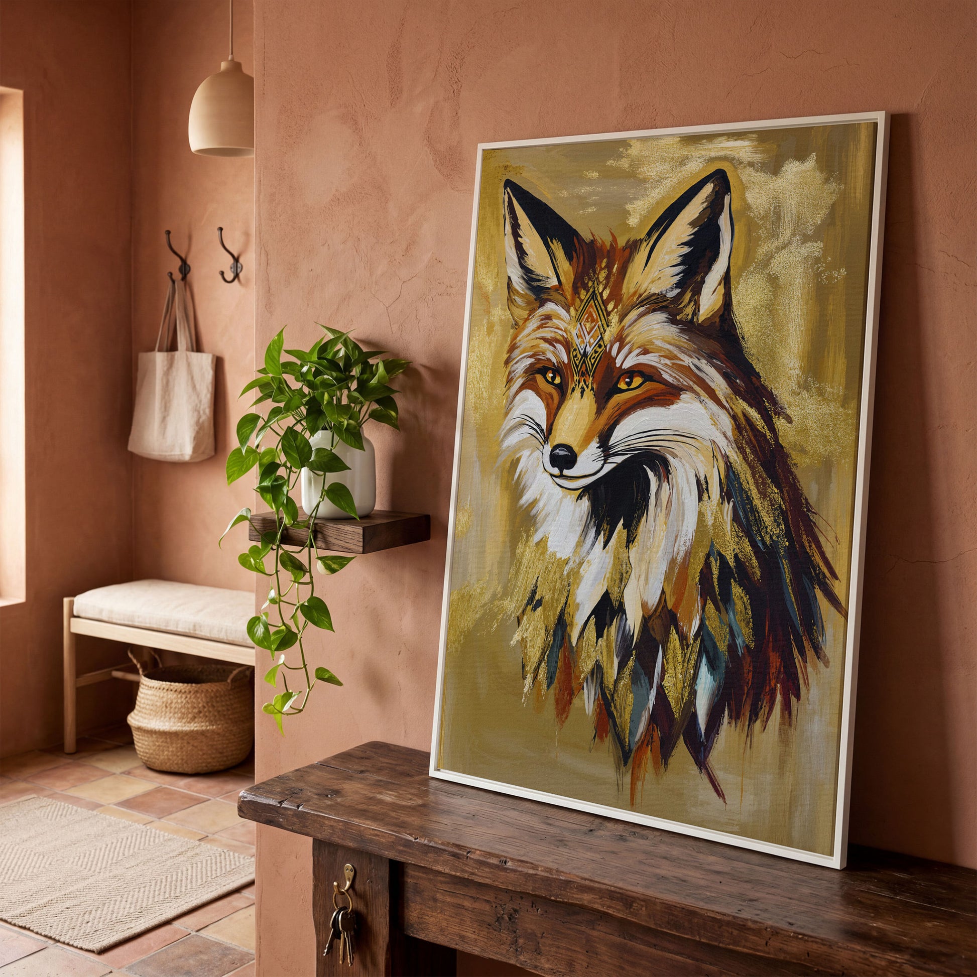 Decorative Fox Portrait Canvas Wall Art in white floating frame