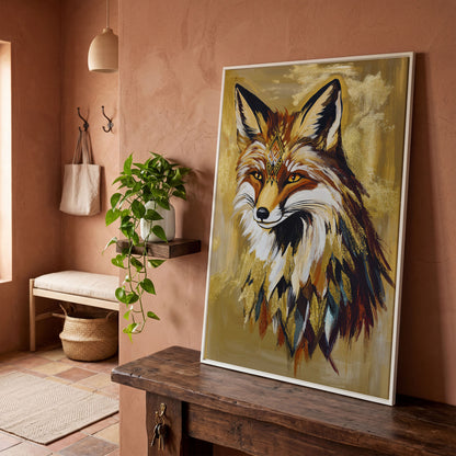 Decorative Fox Portrait Canvas Wall Art in white floating frame