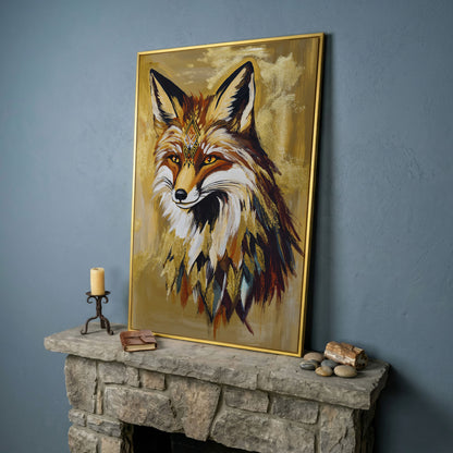 Decorative Fox Portrait Canvas Wall Art in yellow gold floating frame
