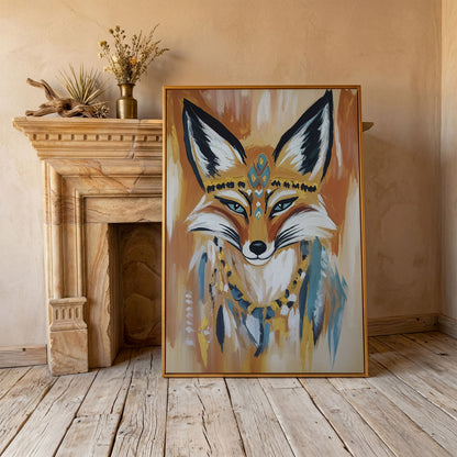 Fox Portrait with Stylized Headdress and Collar, Canvas Wall Art in antique gold floating frame