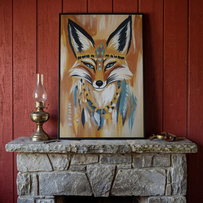 Fox Portrait with Stylized Headdress and Collar, Canvas Wall Art in black floating frame