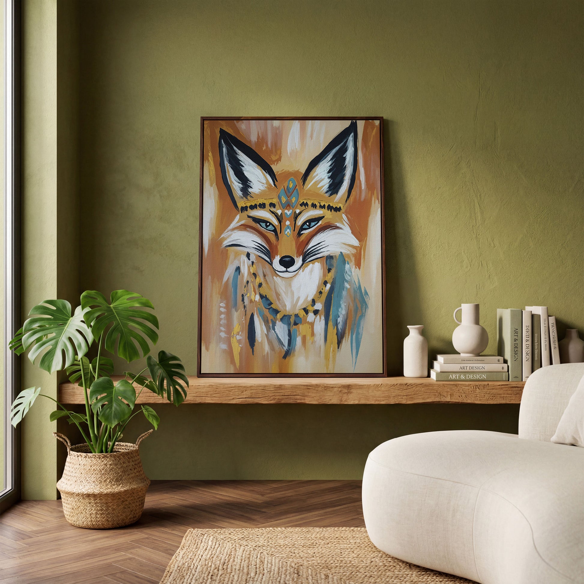 Fox Portrait with Stylized Headdress and Collar, Canvas Wall Art in dark walnut floating frame