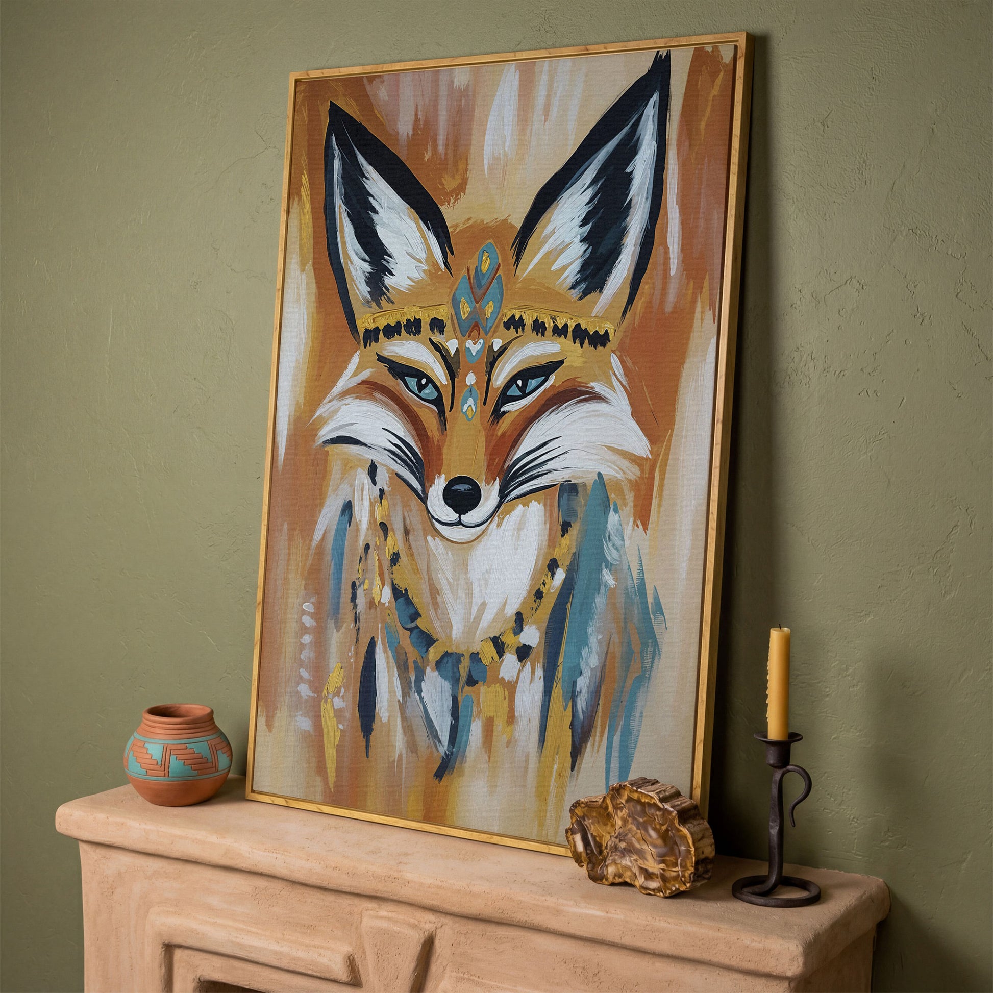 Fox Portrait with Stylized Headdress and Collar, Canvas Wall Art in white oak floating frame