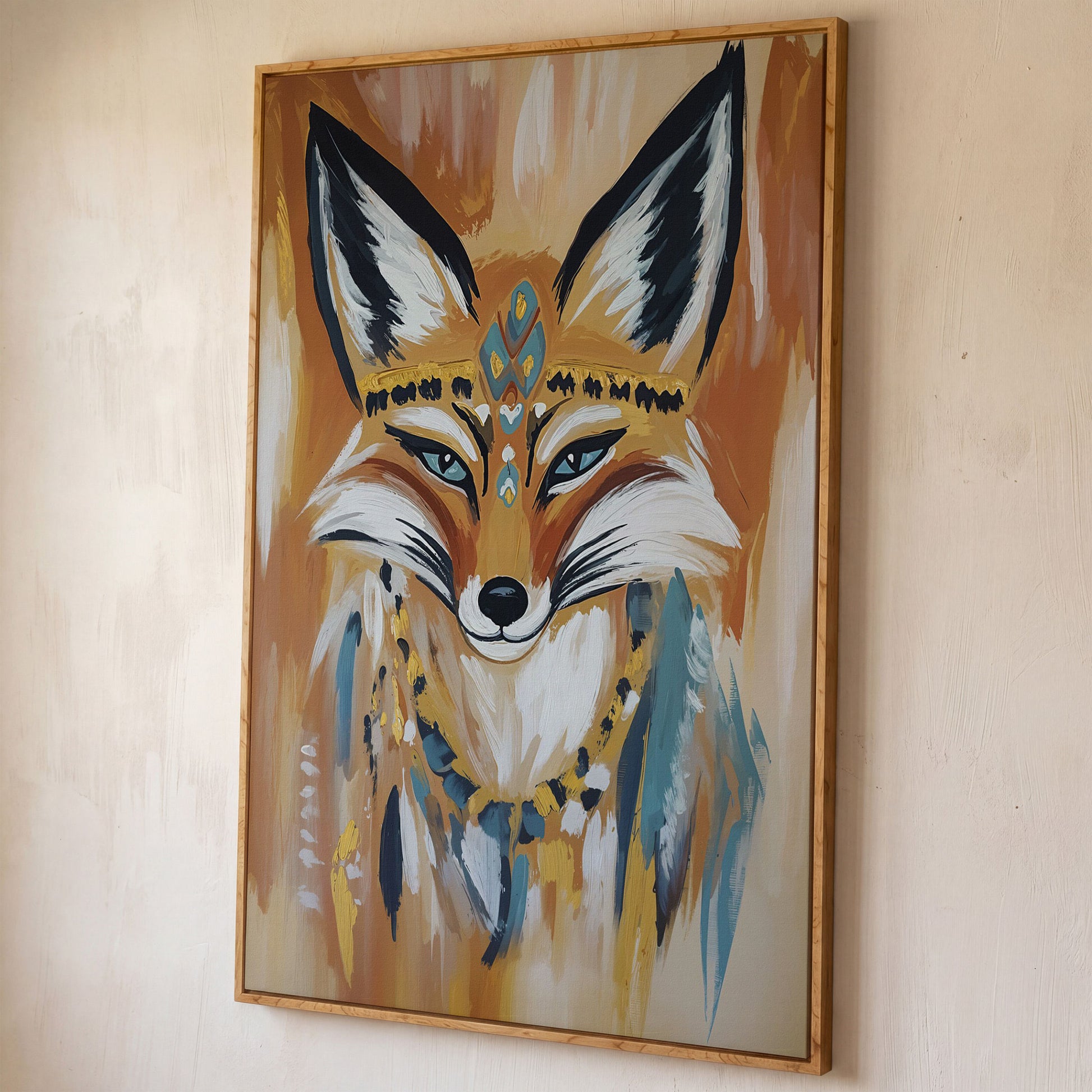 Fox Portrait with Stylized Headdress and Collar, Canvas Wall Art shown in white oak floating frame
