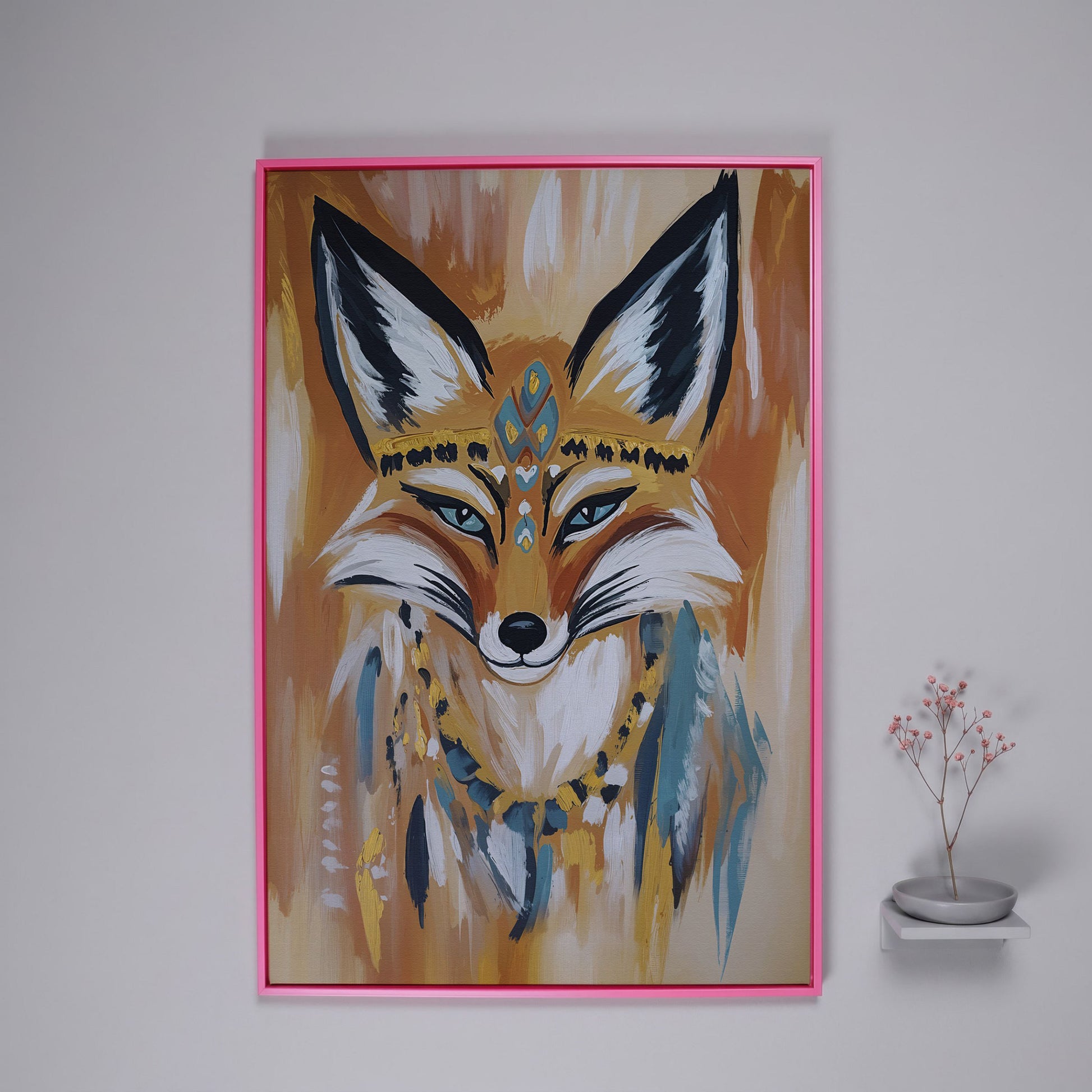Fox Portrait with Stylized Headdress and Collar, Canvas Wall Art in pink floating frame