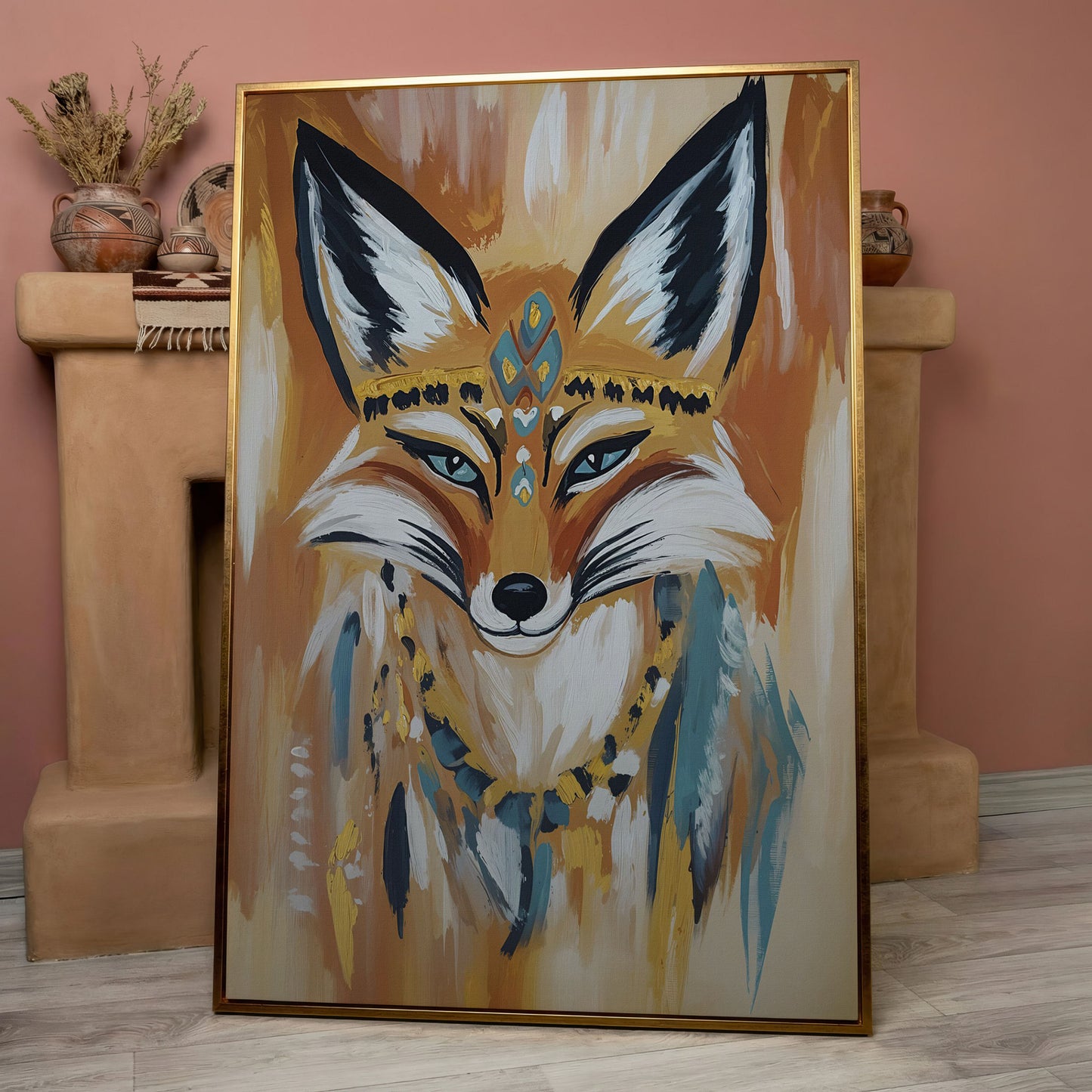 Fox Portrait with Stylized Headdress and Collar, Canvas Wall Art in rose gold floating frame