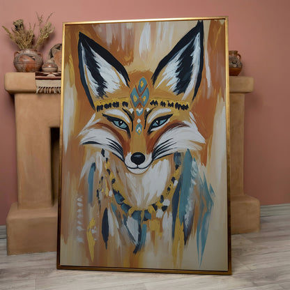 Fox Portrait with Stylized Headdress and Collar, Canvas Wall Art in rose gold floating frame