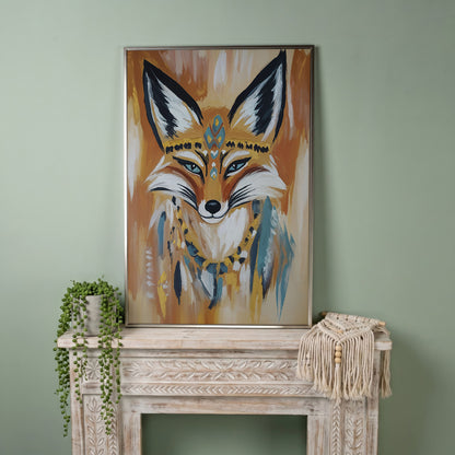 Fox Portrait with Stylized Headdress and Collar, Canvas Wall Art in silver floating frame