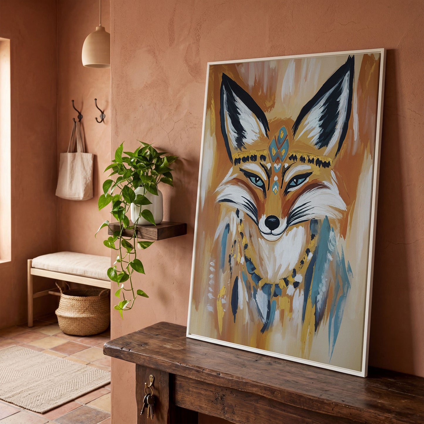 Fox Portrait with Stylized Headdress and Collar, Canvas Wall Art in white floating frame