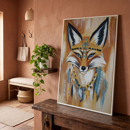 Fox Portrait with Stylized Headdress and Collar, Canvas Wall Art in white floating frame