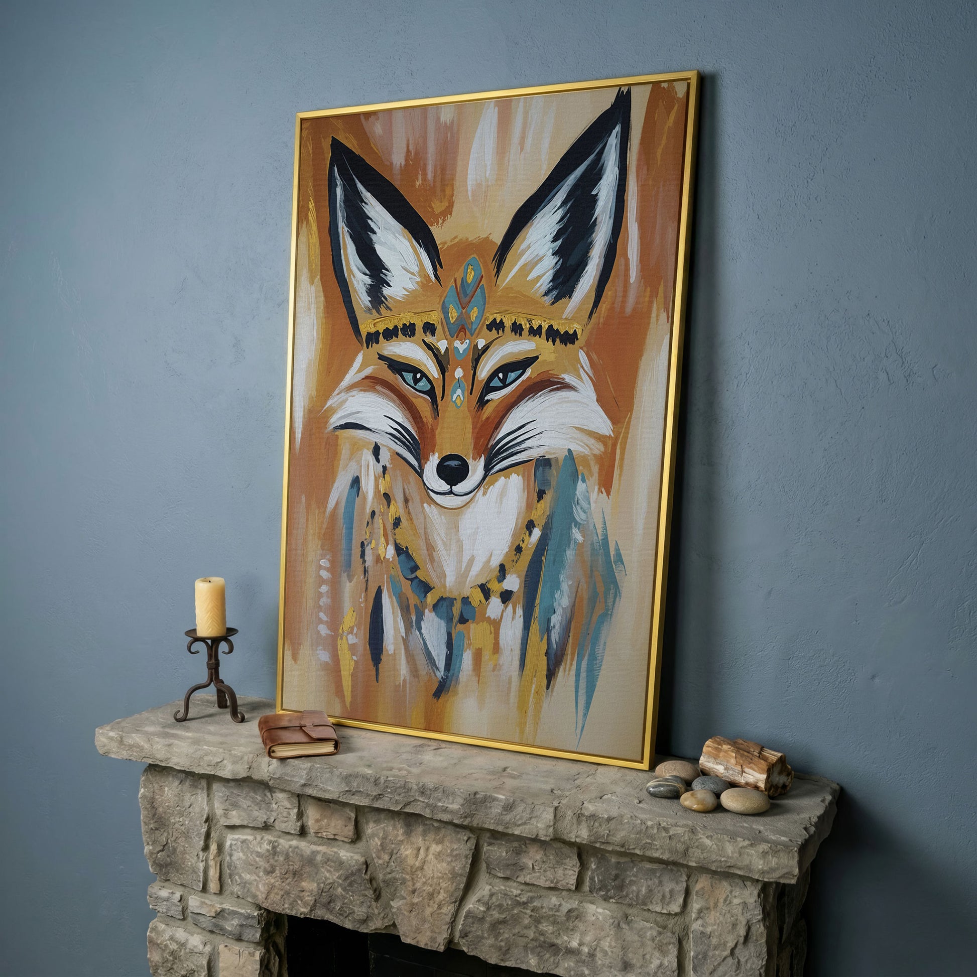 Fox Portrait with Stylized Headdress and Collar, Canvas Wall Art in yellow gold floating frame