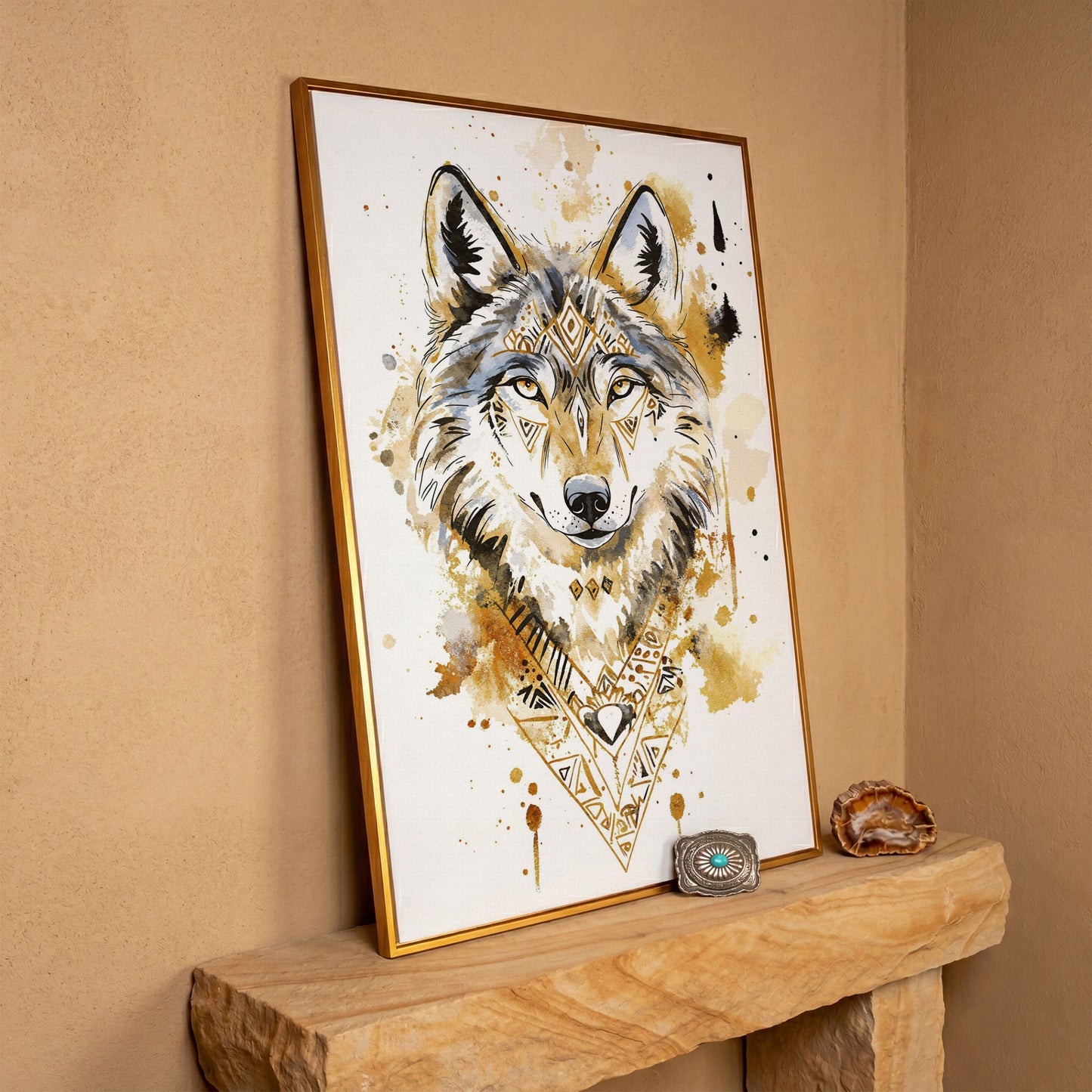 Wolf Portrait with Geometric Tribal Detail, Canvas Wall Art in antique gold floating frame