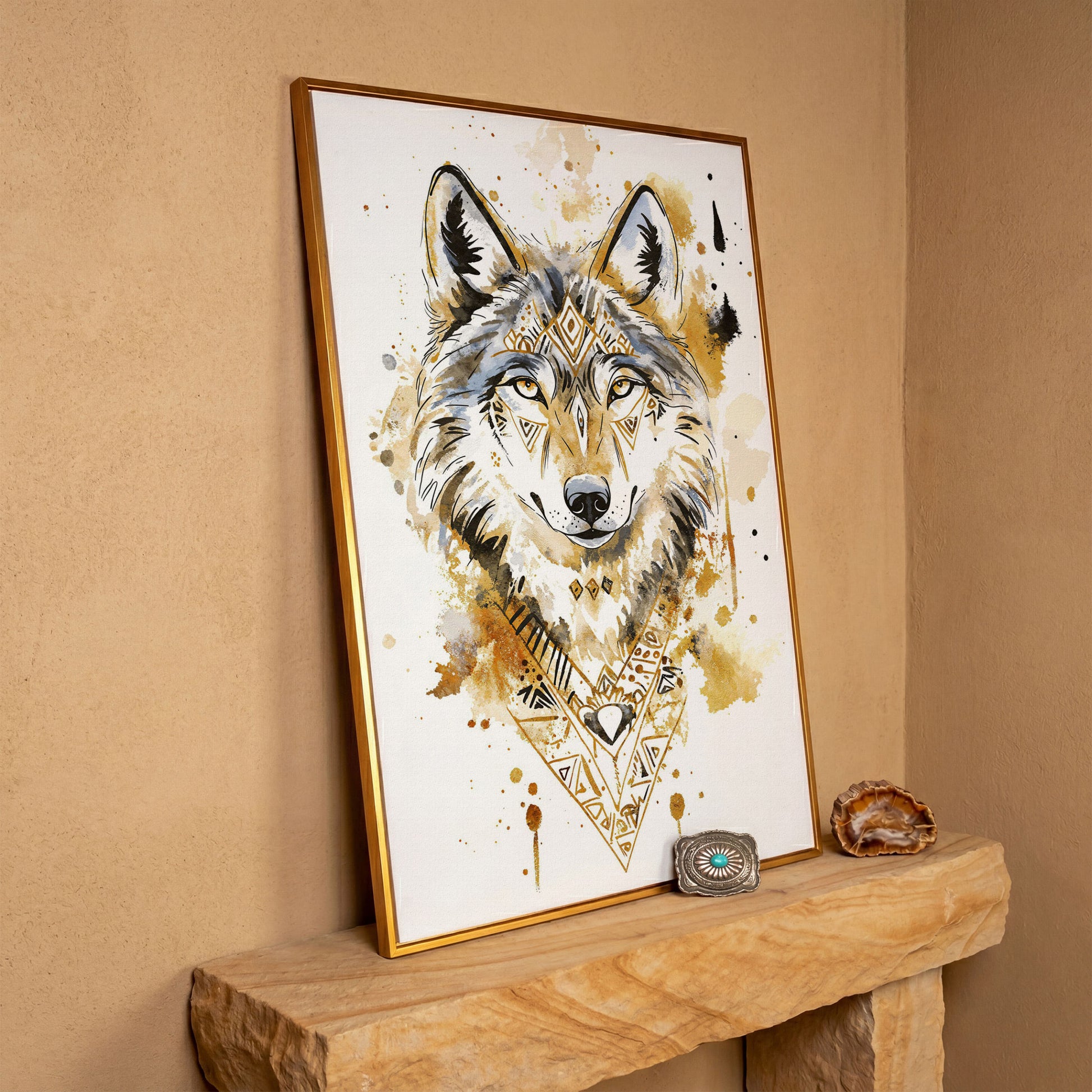 Wolf Portrait with Geometric Tribal Detail, Canvas Wall Art in antique gold floating frame