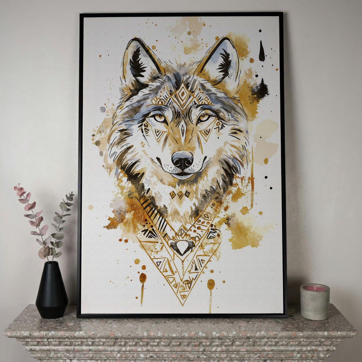 Wolf Portrait with Geometric Tribal Detail, Canvas Wall Art in black floating frame