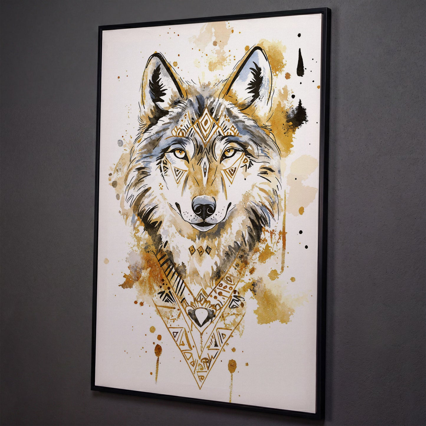 Wolf Portrait with Geometric Tribal Detail, Canvas Wall Art shown in black floating frame