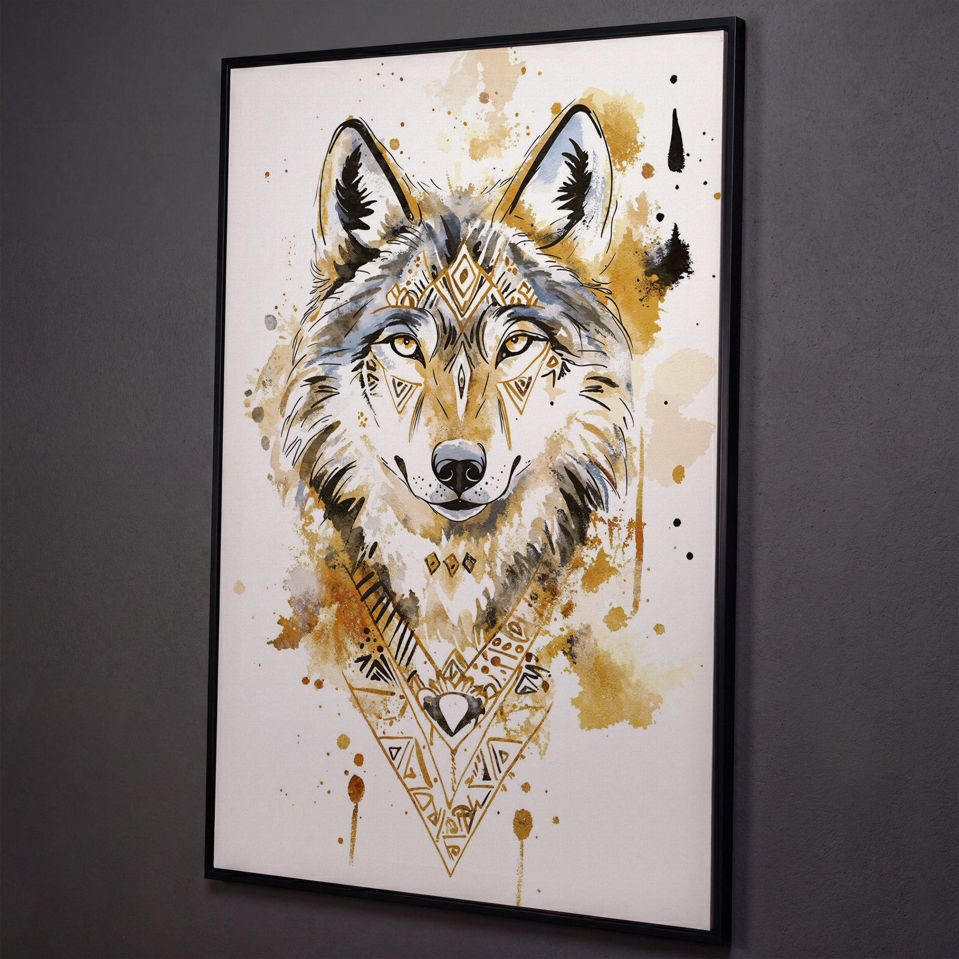 Wolf Portrait with Geometric Tribal Detail, Canvas Wall Art shown in black floating frame