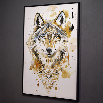 Wolf Portrait with Geometric Tribal Detail, Canvas Wall Art shown in black floating frame