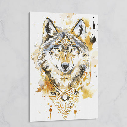 Wolf Portrait with Geometric Tribal Detail, Canvas Wall Art on gallery wrap
