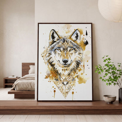 Wolf Portrait with Geometric Tribal Detail, Canvas Wall Art in dark walnut floating frame