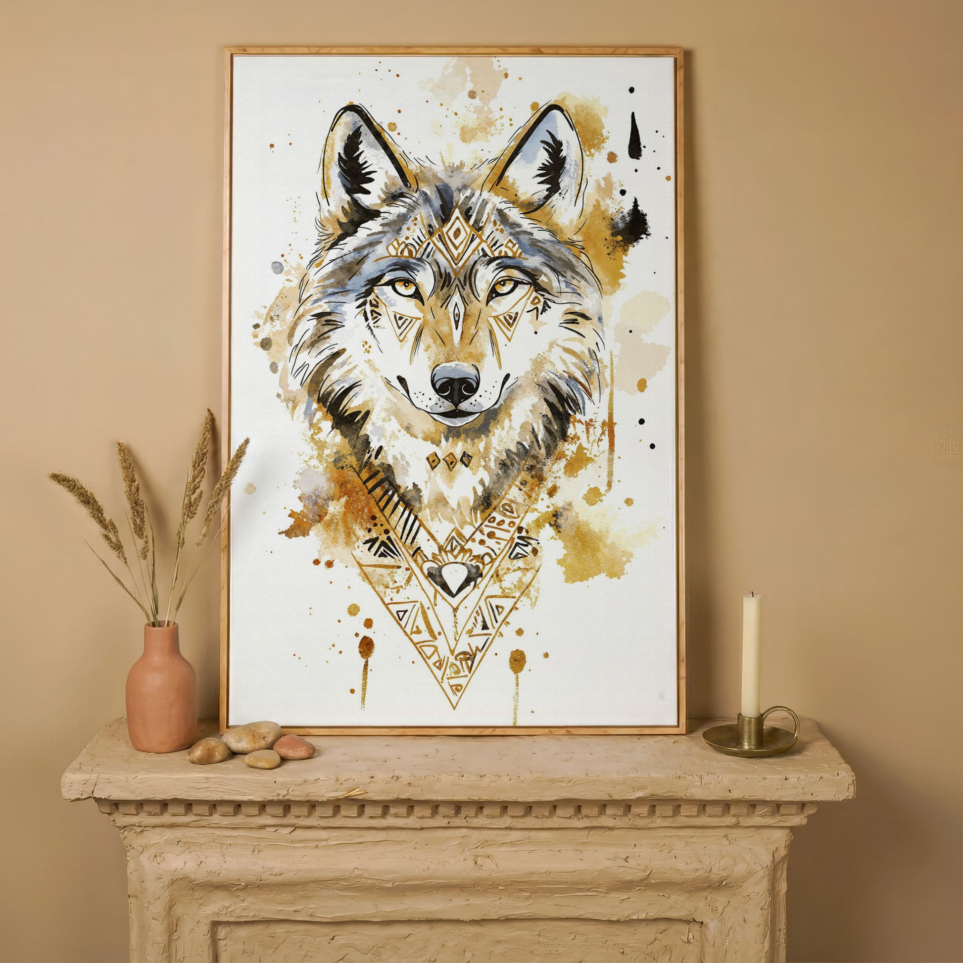 Wolf Portrait with Geometric Tribal Detail, Canvas Wall Art in white oak floating frame