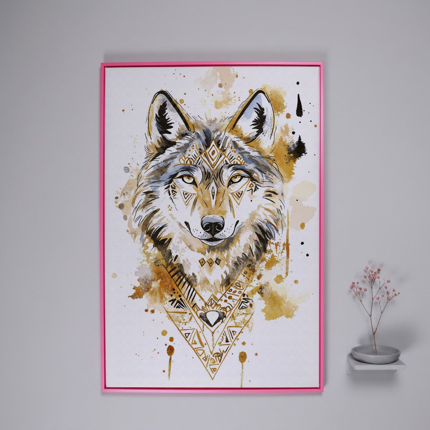 Wolf Portrait with Geometric Tribal Detail, Canvas Wall Art in pink floating frame