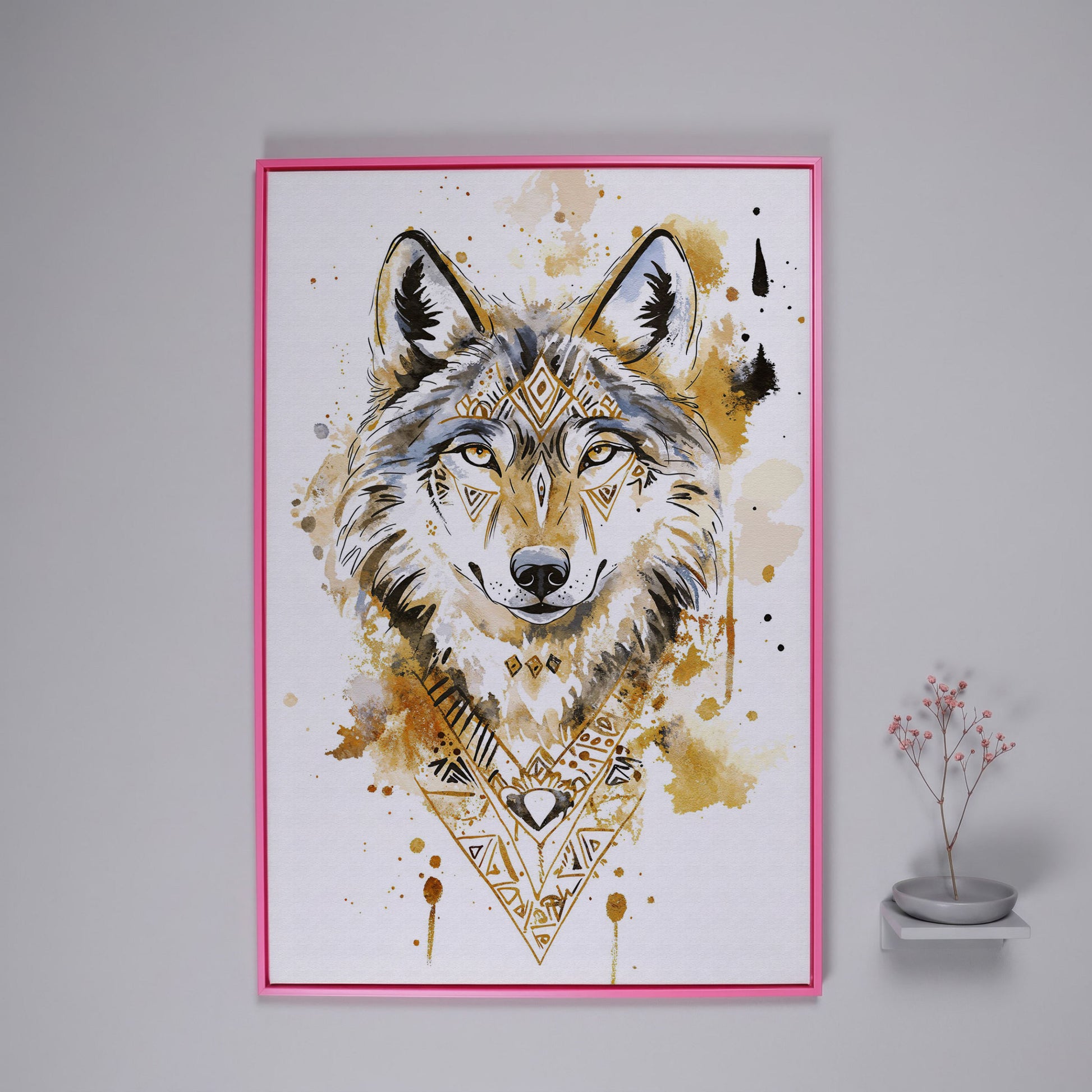 Wolf Portrait with Geometric Tribal Detail, Canvas Wall Art in pink floating frame
