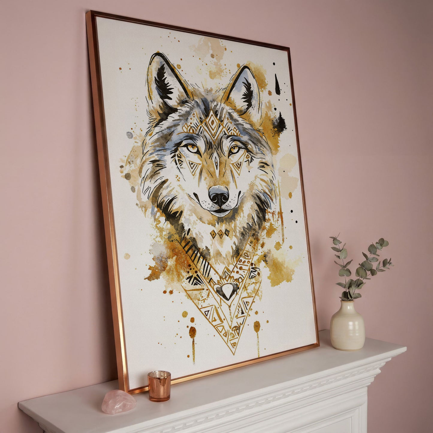 Wolf Portrait with Geometric Tribal Detail, Canvas Wall Art in rose gold floating frame