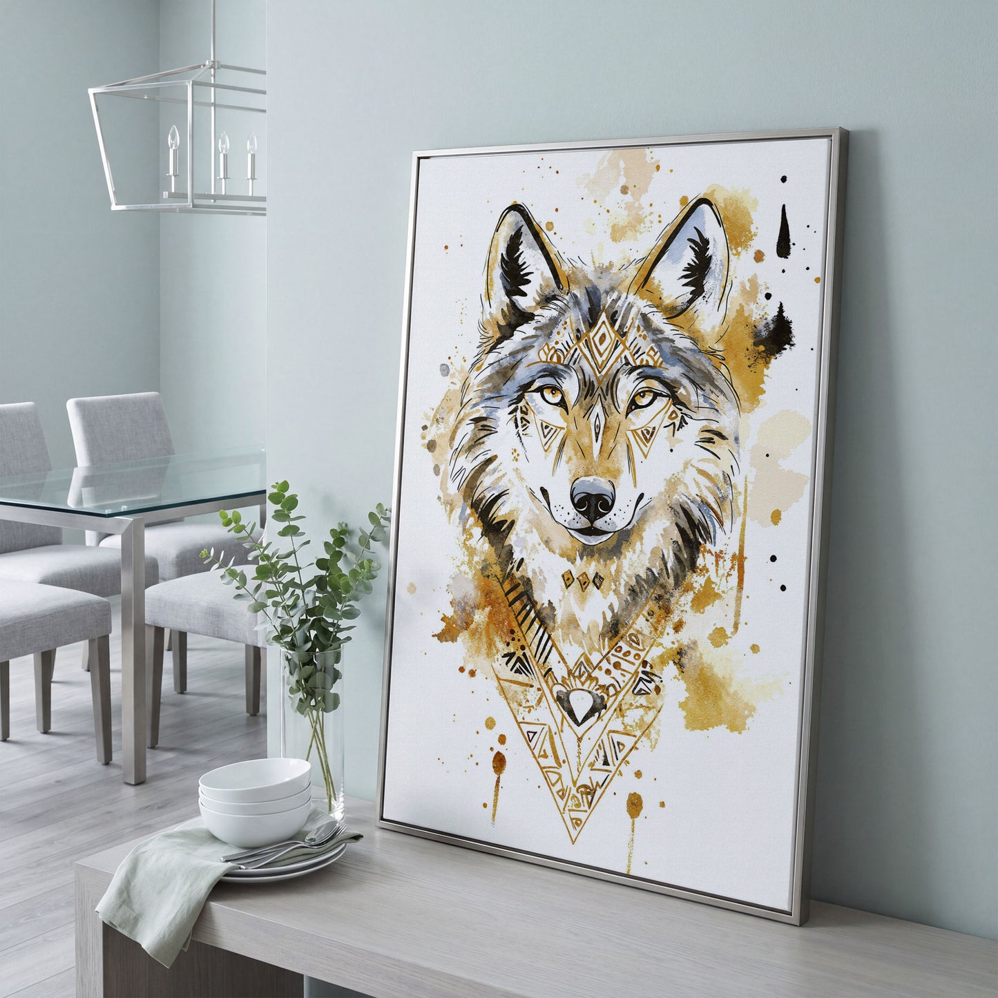 Wolf Portrait with Geometric Tribal Detail, Canvas Wall Art in silver floating frame