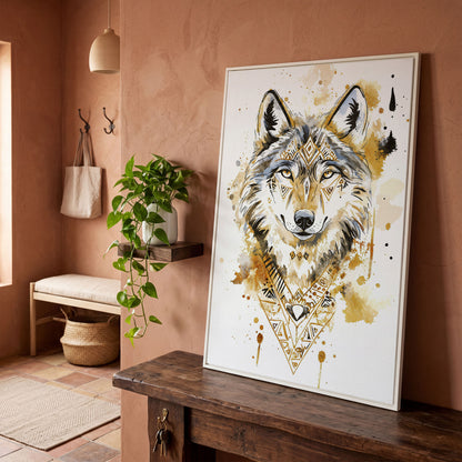 Wolf Portrait with Geometric Tribal Detail, Canvas Wall Art in white floating frame