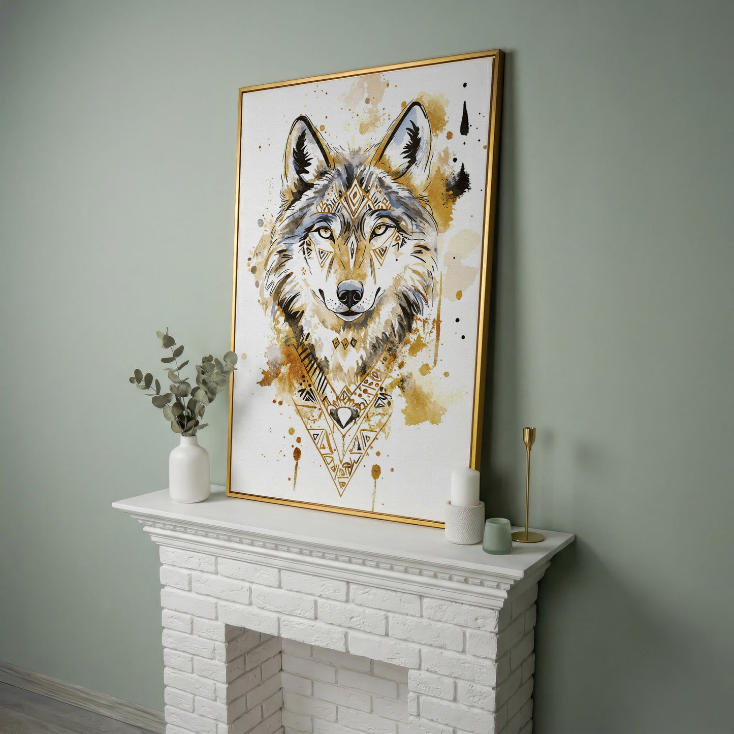 Wolf Portrait with Geometric Tribal Detail, Canvas Wall Art in yellow gold floating frame