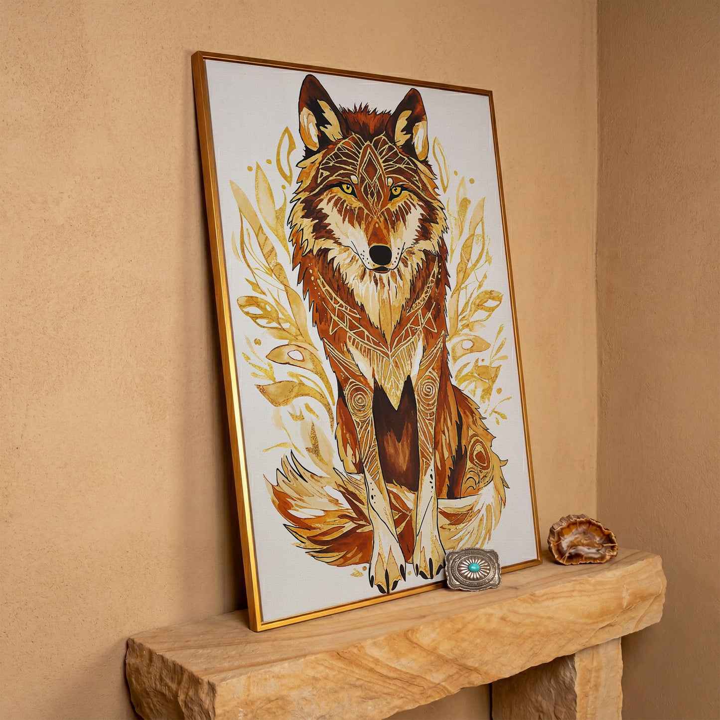 Wolf Portrait Canvas Art with Geometric Floral Detail in antique gold floating frame