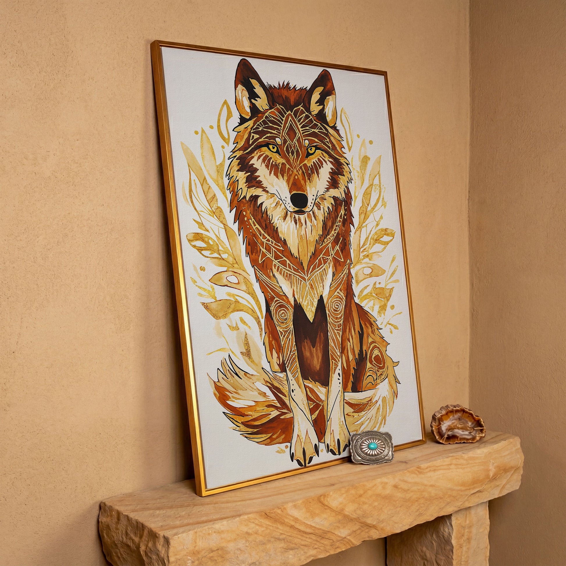 Wolf Portrait Canvas Art with Geometric Floral Detail in antique gold floating frame